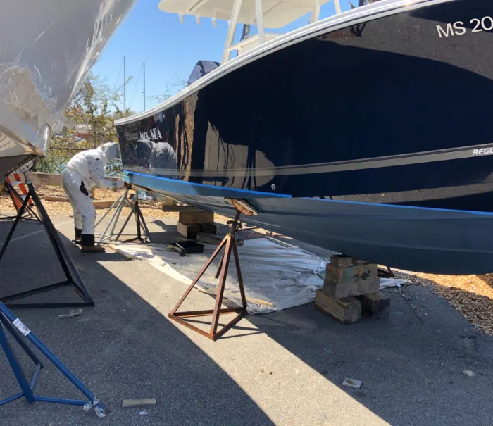 Hull being prepped for bottom paint