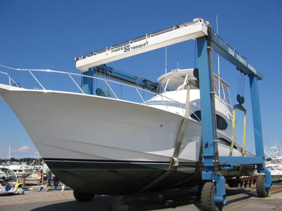 Boat in the travel lift at the marina